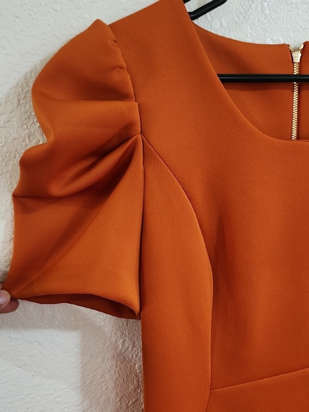 Calvin Klein Rust Orange Puff Sleeve Midi Dress - Picture 2 of 5
